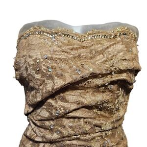 Julian Joyce Made by Mandalay Gold Lace Sequin Strapless Ruched‎ Dress Size 10